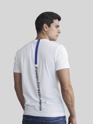 POLERA M/C BLANCO/AZUL PCM LINEA TRASERA HOMBRE TALLA L