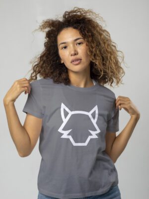 POLERA M/C GRIS/BLANCO LOBO DELANTERO MUJER TALLA M