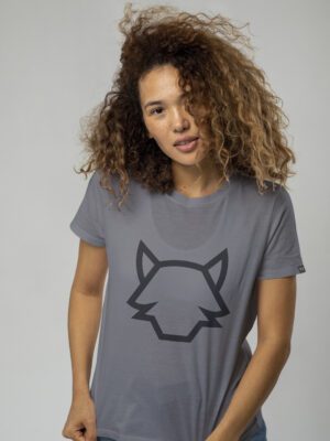 POLERA M/C GRIS/NEGRO LOBO DELANTERO MUJER TALLA M